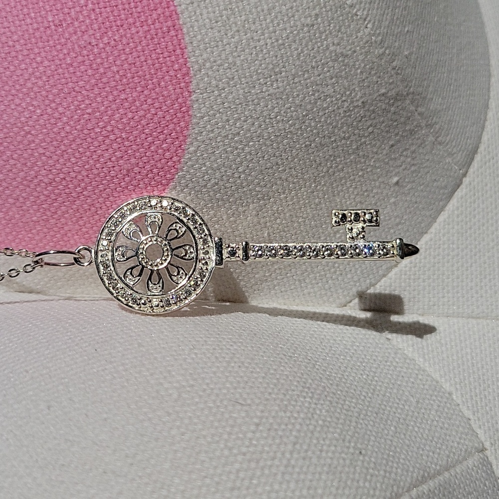 925 Sterling Silver Key Flower and T key Rhinestone CZ Necklace